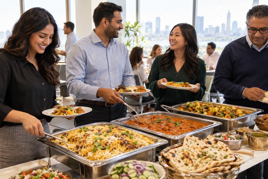 Colleagues plating lunch from chafing dishes at an office event