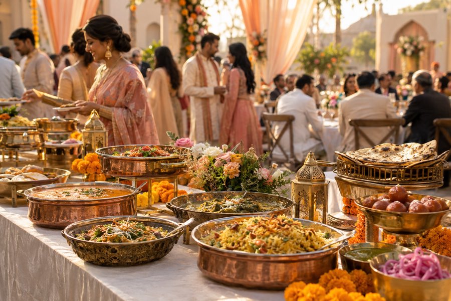 Guests serving themselves from a wedding buffet of copper handis and marigolds