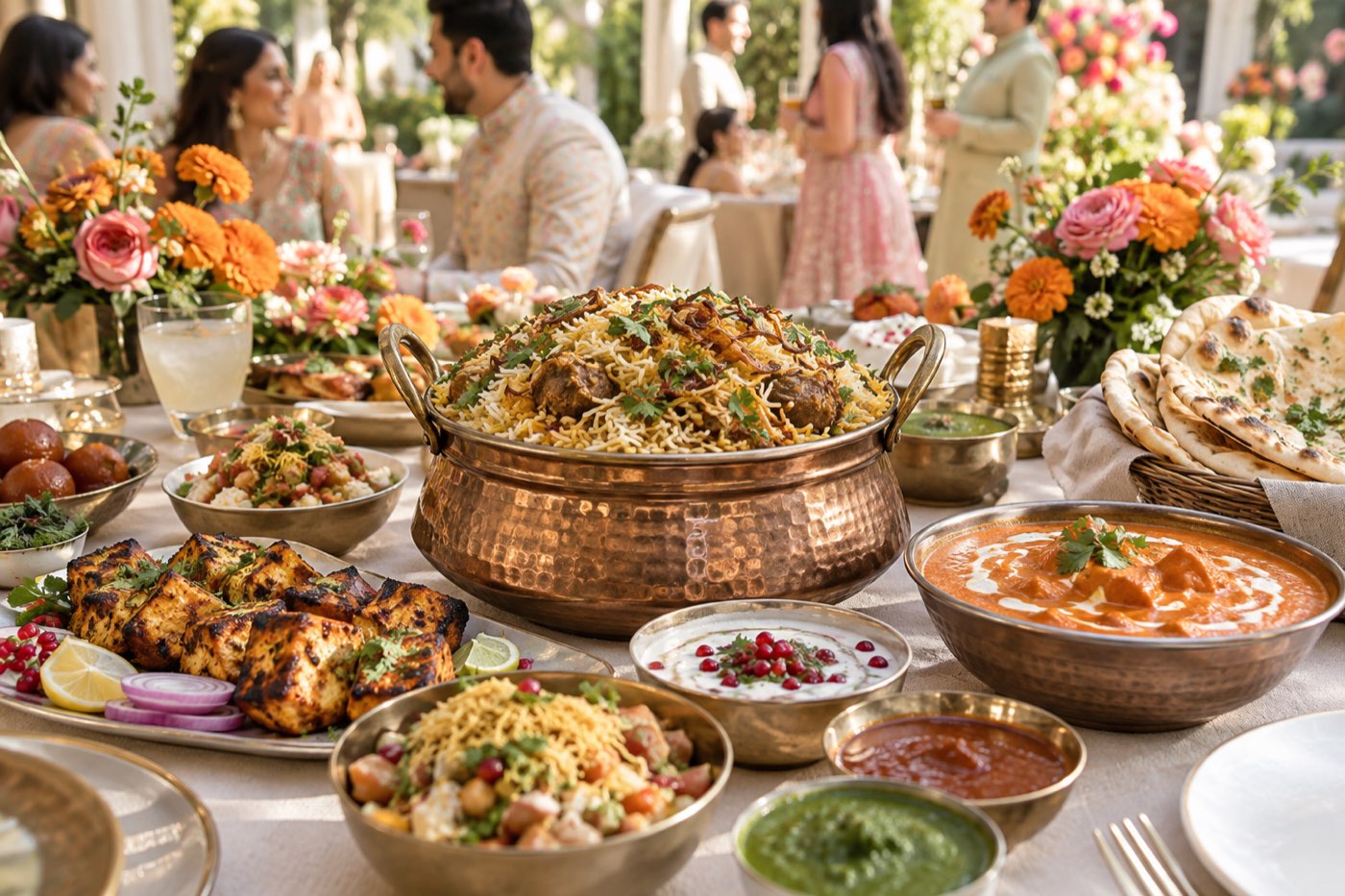An Indian celebration table — biryani in a copper handi, paneer tikka, chaat, butter chicken and naan, with guests gathered behind it