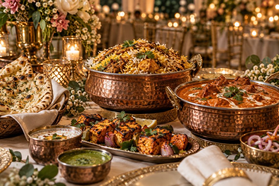 A candlelit Indian banquet spread — biryani, curries and breads in copper serving pots