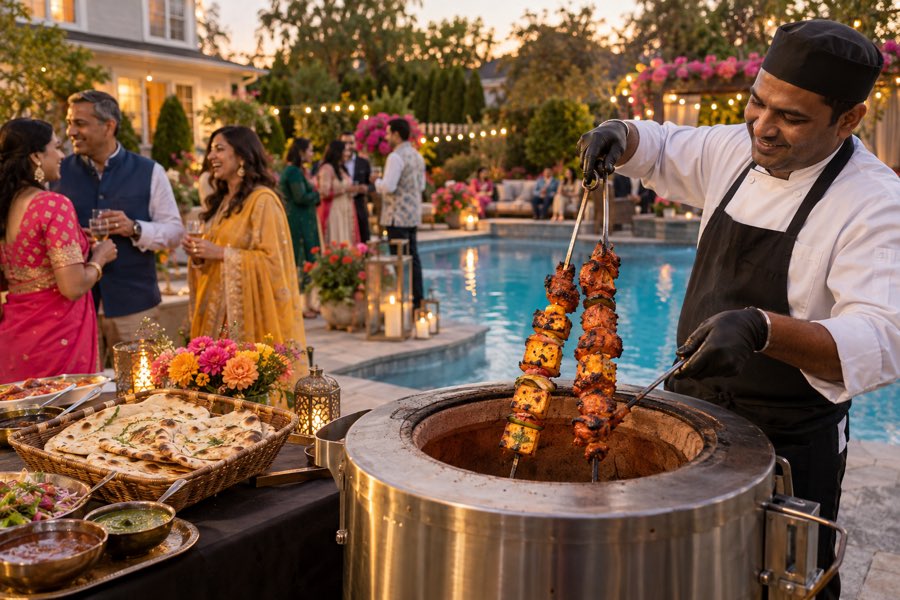 A chef lifting tandoori skewers from a live tandoor at an evening party